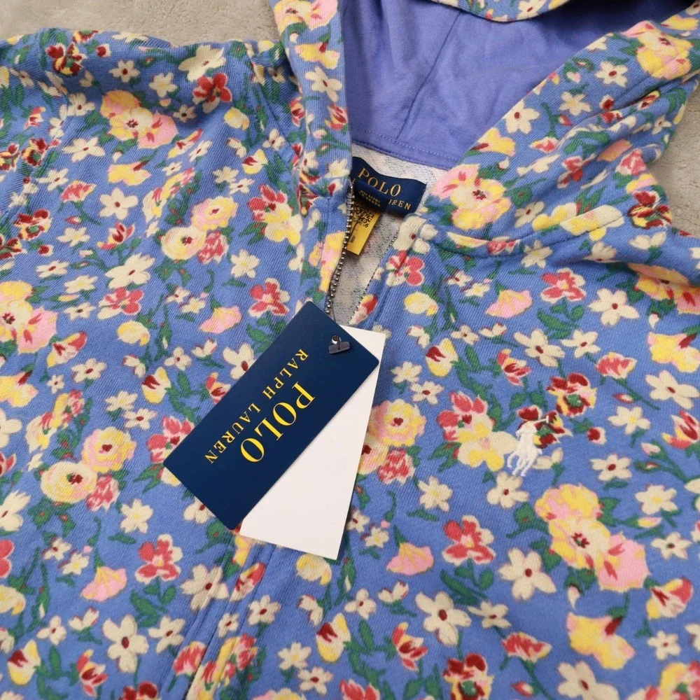 Polo Ralph Lauren‎ Blue Floral Zip Up French Terry Romper Girl's size XL 16 - Picture 5 of 13